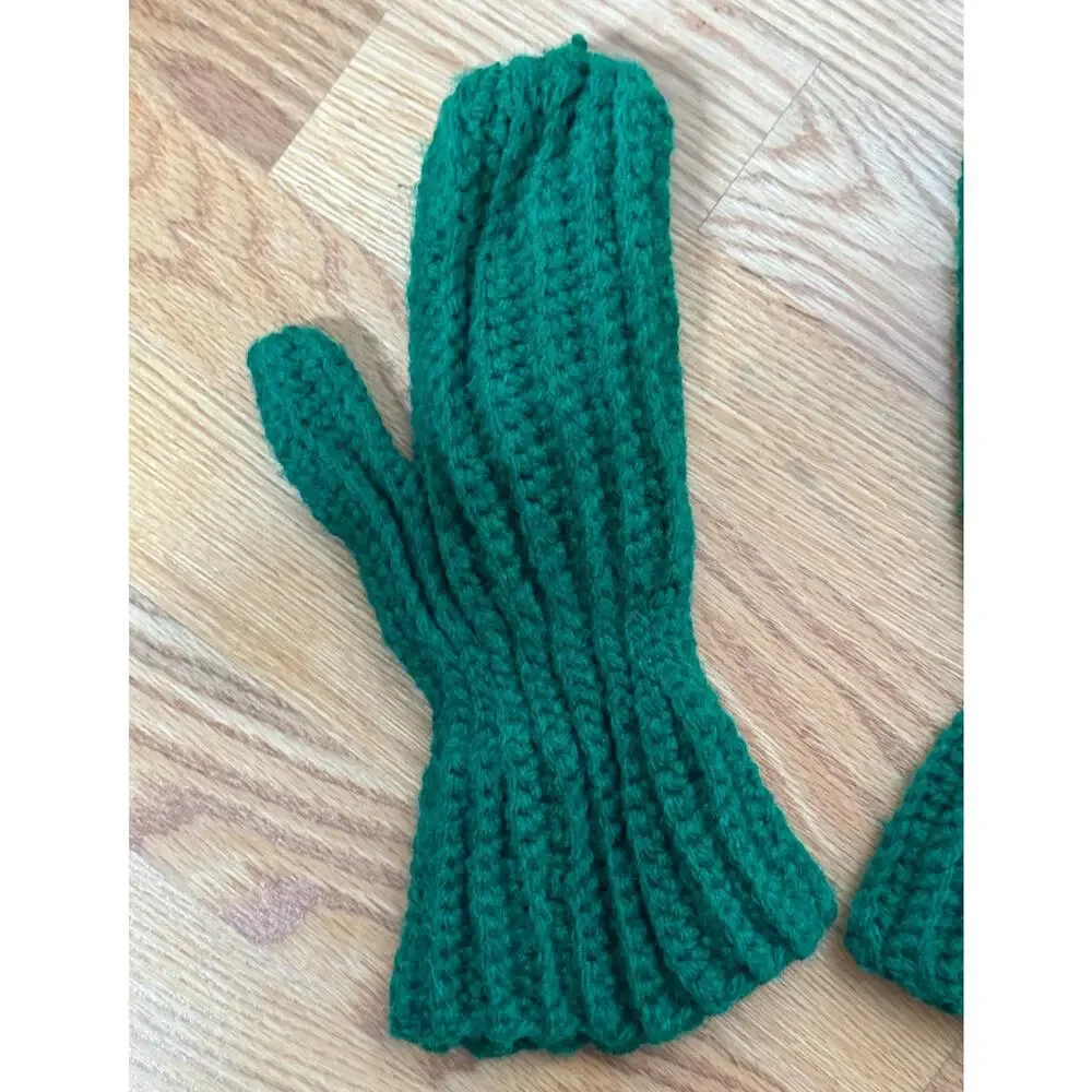 Vintage Green Mittens, Dark Green Knit Crochet Mitts, 60s 70s, Grandma Style